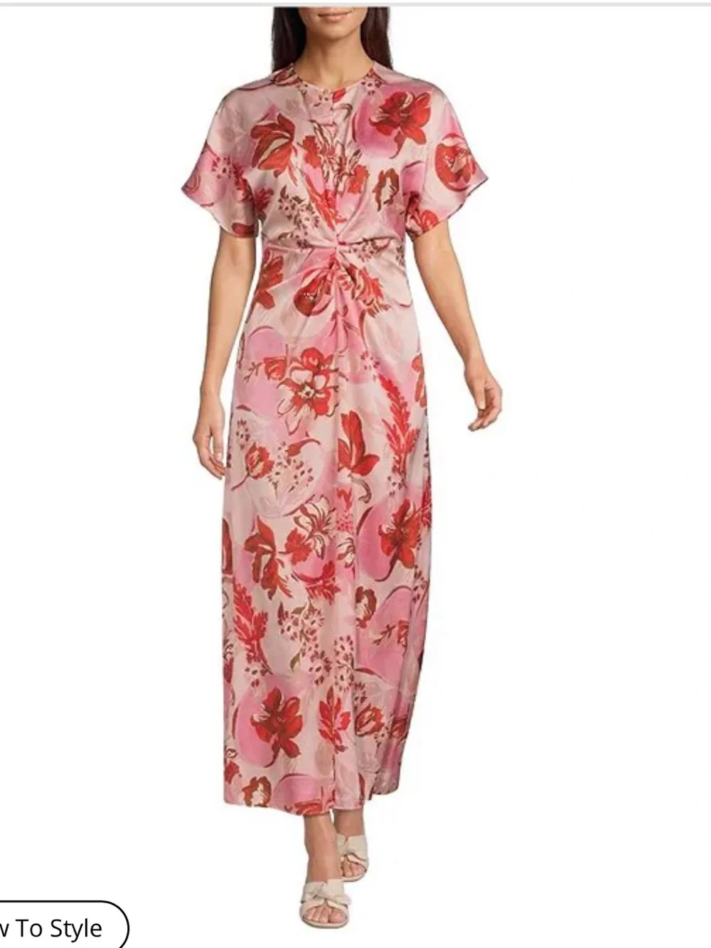 NWT Antonio Melani Gabriella Satin Floral Print Ruched Crew Neck  A-Line Dress